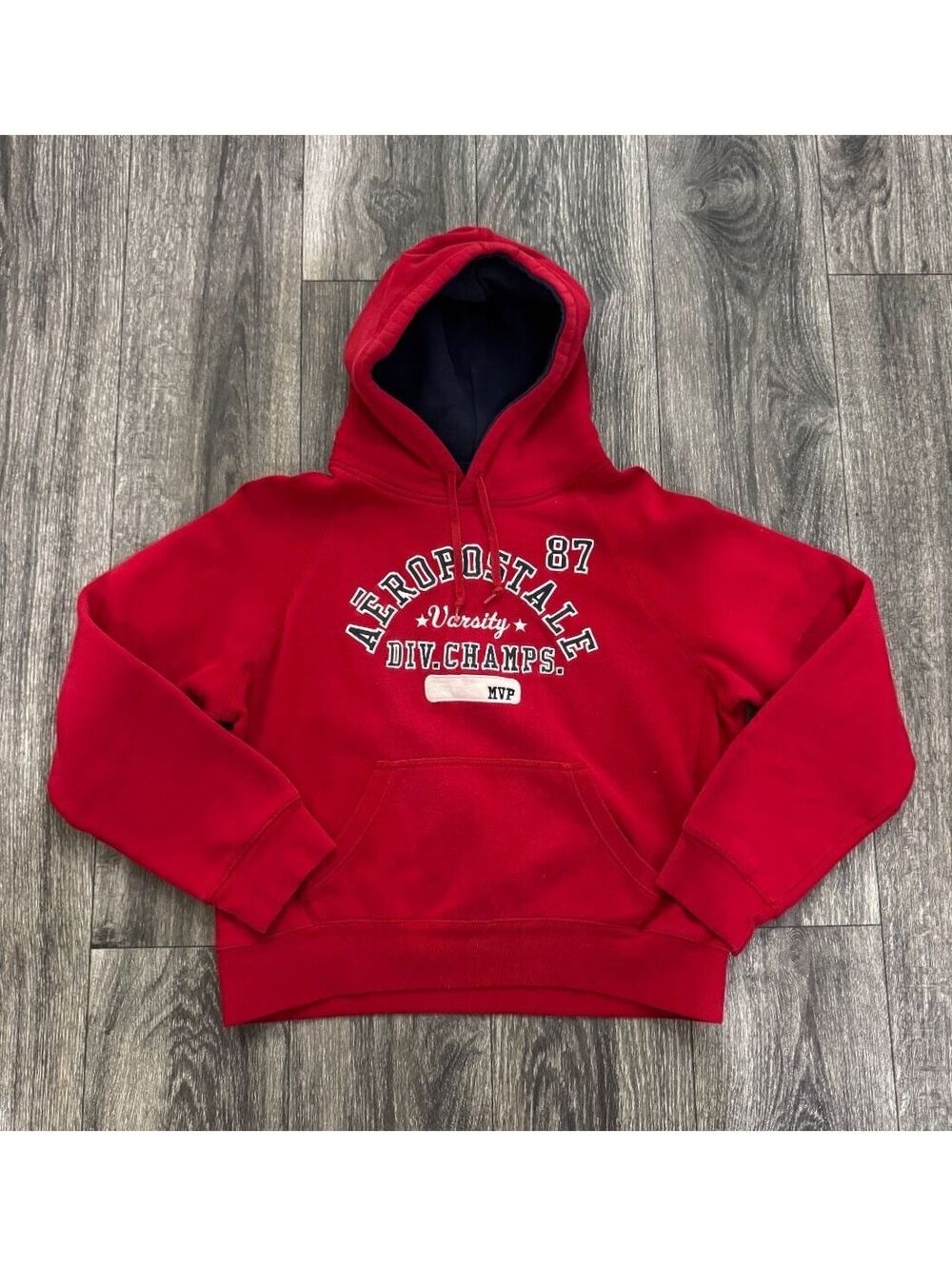 Vintage Y2K Aeropostale Red Varsity Hoodie Womens L Tomboy Fit Pullover 87